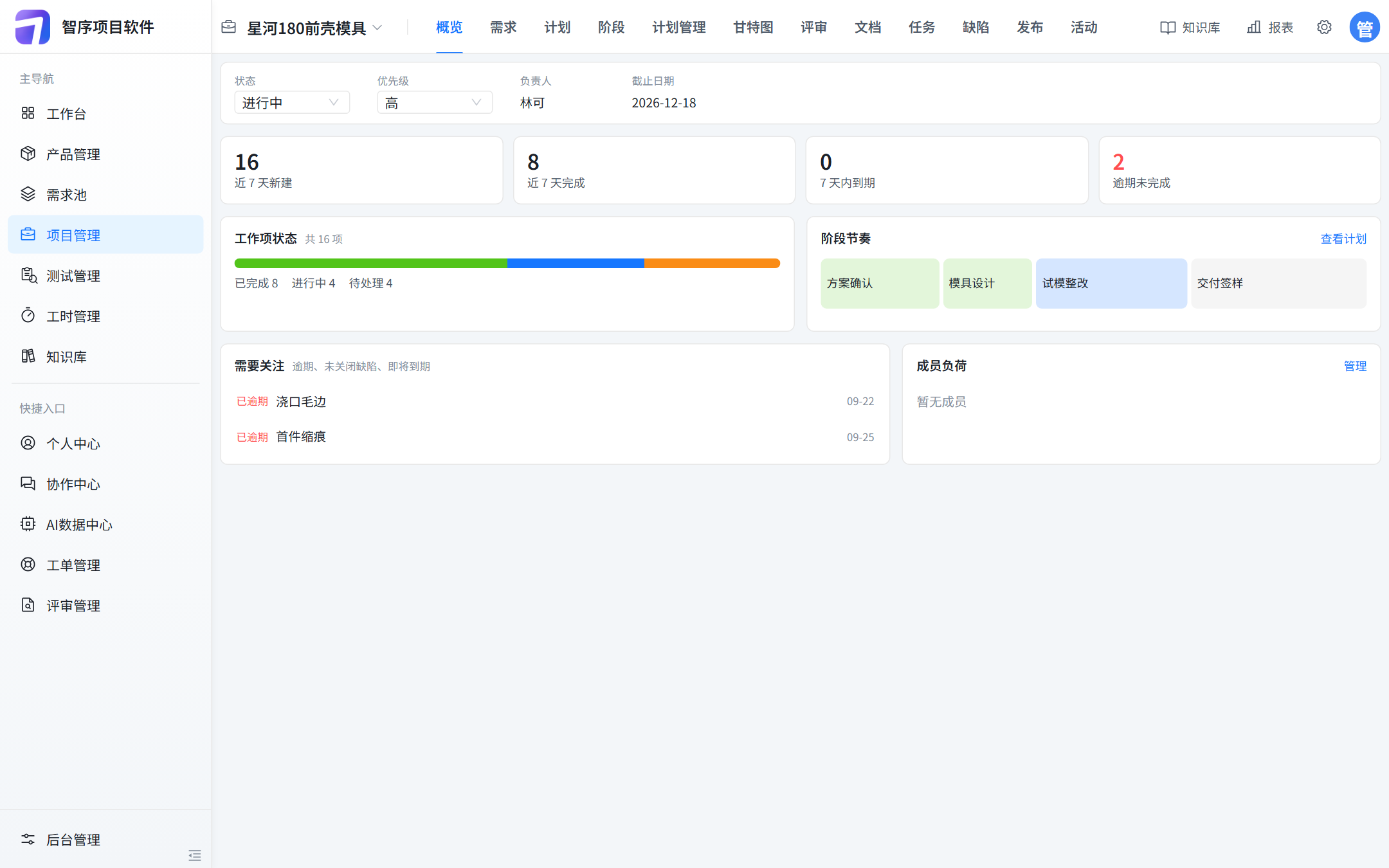 星河180前壳模具概览:进行中,负责人林可,截止日期 2026-12-18,浇口毛边和首件缩痕已逾期