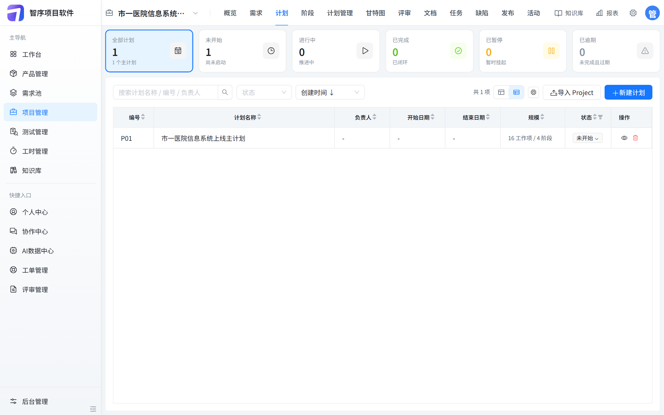 市一医院信息系统上线的计划列表:P01 主计划,16 工作项 / 4 阶段,状态未开始